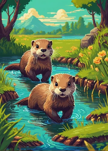 otters,otter,beavers,otter baby,north american river otter,chinese tree chipmunks,nutria,coatimundi,lilo,woodland animals,raccoons,island residents,nutria-young,beaver,otterbaby,game illustration,cute animals,forest animals,world digital painting,mustelidae,Unique,Pixel,Pixel 04