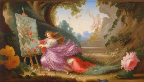 rococo,the annunciation,girl picking flowers,woman playing,girl in the garden,la violetta,radha,serenade,angel playing the harp,apollo and the muses,secret garden of venus,khokhloma painting,la nascita di venere,janmastami,girl picking apples,cinderella,paintings,woman playing violin,hunting scene,harp with flowers,Art,Classical Oil Painting,Classical Oil Painting 33