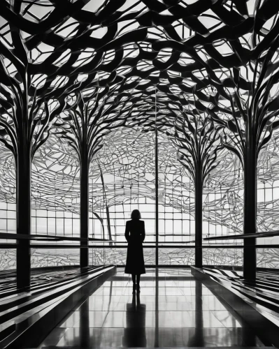 soumaya museum,structure silhouette,woman silhouette,dulles,iranian architecture,the dubai mall entrance,honeycomb structure,lattice,women silhouettes,glass roof,moving walkway,blackandwhitephotography,islamic pattern,hall of nations,beijing,airport terminal,asian architecture,wallpaper dubai,the girl at the station,aviary,Illustration,Black and White,Black and White 33