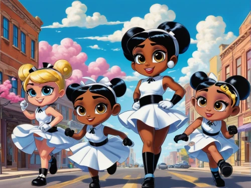 afro american girls,cute cartoon character,little blacks,cute cartoon image,girl group,retro cartoon people,little girls,cheerleading uniform,anime cartoon,jasmine,sailor,girl ballet,lilo,animated cartoon,daisy family,girl scouts of the usa,ballerinas,little angels,clove-clove,rockabella,Illustration,Realistic Fantasy,Realistic Fantasy 21