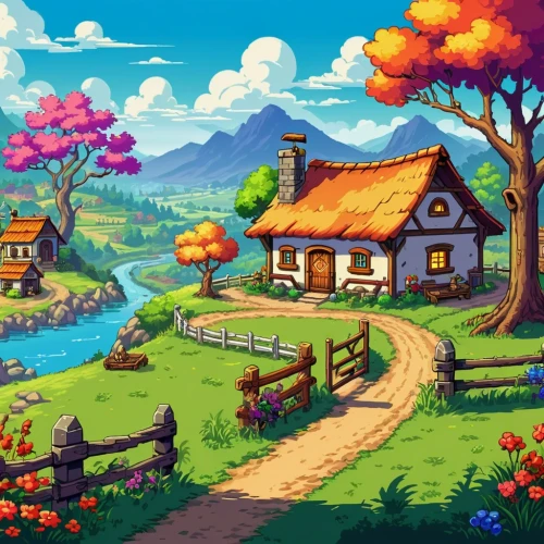 home landscape,fall landscape,autumn landscape,summer cottage,autumn background,idyllic,landscape background,cartoon video game background,rural landscape,springtime background,cottage,autumn theme,aurora village,alpine village,mountain village,countryside,little house,rural,autumn mountains,country cottage,Unique,Pixel,Pixel 05