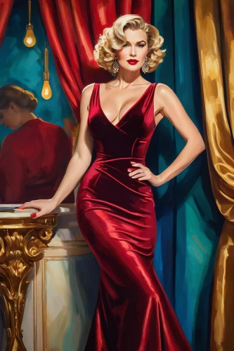 art deco woman,lady in red,man in red dress,marylin monroe,marylyn monroe - female,red gown,rita hayworth,maraschino,marilyn,art deco,vanity fair,femme fatale,valentine day's pin up,art deco background,valentine pin up,charlize theron,madonna,eva saint marie-hollywood,gena rolands-hollywood,pin up,Conceptual Art,Oil color,Oil Color 25