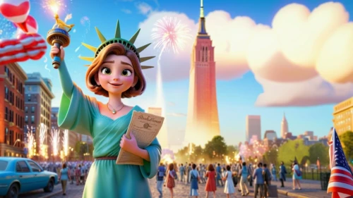 queen of liberty,american movie,flag day (usa),shanghai disney,the statue of liberty,new york,agnes,lady liberty,statue of liberty,cute cartoon image,animated cartoon,big apple,manhattan,newyork,movie,cute cartoon character,universal exhibition of paris,independence day,disneyland paris,basil's cathedral,Unique,3D,3D Character