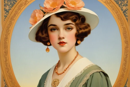 emile vernon,art deco woman,vintage female portrait,vintage woman,jane austen,victorian lady,art deco frame,lilian gish - female,fanny brice,vintage women,the hat of the woman,twenties women,flapper,lillian gish - female,vintage art,vintage girl,portrait of a woman,portrait of a girl,beautiful bonnet,a charming woman,Illustration,Retro,Retro 15