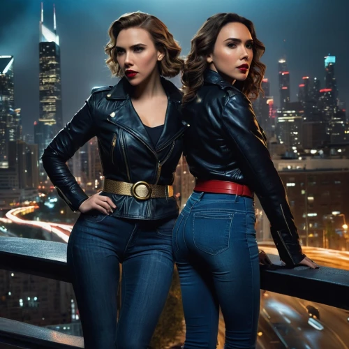 birds of prey,birds of prey-night,wonder woman city,latex clothing,bad girls,leather,models,fashion models,femme fatale,black widow,crime fighting,retro women,latex,sisters,arrow set,leather jacket,black leather,angels of the apocalypse,two girls,beautiful photo girls,Conceptual Art,Daily,Daily 32