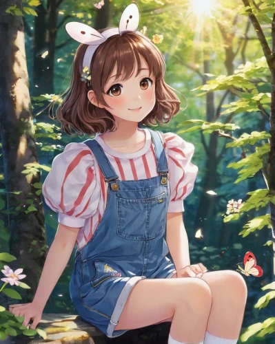 miku maekawa,overalls,country dress,forest background,girl in overalls,spring background,springtime background,japanese sakura background,mikuru asahina,llenn,spring leaf background,butterfly background,in the forest,honmei choco,portrait background,forest clover,farmer in the woods,azuki bean,countrygirl,sakura background,Illustration,Japanese style,Japanese Style 04