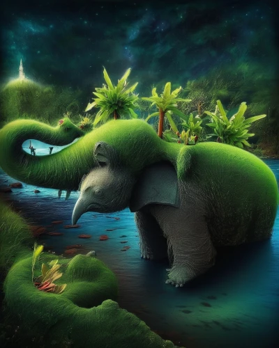 green animals,whimsical animals,green dragon,green aurora,fantasy art,fantasy picture,swampy landscape,world digital painting,3d fantasy,hippocampus,forest animal,anthropomorphized animals,bulbasaur,green congo,forest animals,children's background,pachyderm,elephant's child,fauna,kids illustration,Illustration,Abstract Fantasy,Abstract Fantasy 01