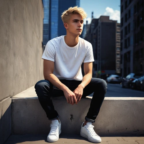 codes,cool blonde,austin stirling,concrete background,young model,skater,white clothing,male model,boy model,rooftops,blond,white shirt,young man,city ​​portrait,blond hair,on the roof,man on a bench,austin morris,justin bieber,city youth,Conceptual Art,Sci-Fi,Sci-Fi 01