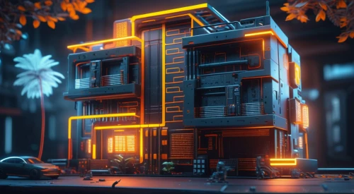 apartment block,apartment house,an apartment,apartment building,apartments,cinema 4d,3d render,apartment complex,neon coffee,apartment,shared apartment,mixed-use,cubic house,render,residential,apartment blocks,retro styled,cyberpunk,apartment buildings,city corner,Photography,General,Sci-Fi