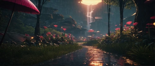 pathway,the mystical path,jungle,tropical bloom,flooded pathway,forest path,monsoon banner,rain forest,the path,walkway,umbrellas,fantasy landscape,virtual landscape,tropical jungle,passage,dusk,way of the roses,oasis,futuristic landscape,the sun and the rain,Conceptual Art,Sci-Fi,Sci-Fi 09