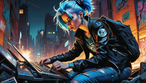 cyberpunk,electro,punk,streampunk,renegade,cyber,man with a computer,mohawk,cyborg,cyber glasses,sci fiction illustration,computer freak,coder,operator,blue hair,punk design,mute,computer addiction,dj,cyberspace,Conceptual Art,Oil color,Oil Color 04