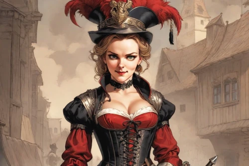queen of hearts,steampunk,corset,victorian lady,the hat of the woman,the hat-female,bodice,lady in red,fantasy woman,vampire woman,barmaid,victorian fashion,the carnival of venice,jester,cockerel,red riding hood,dodge warlock,game illustration,ringmaster,vampire lady,Digital Art,Comic
