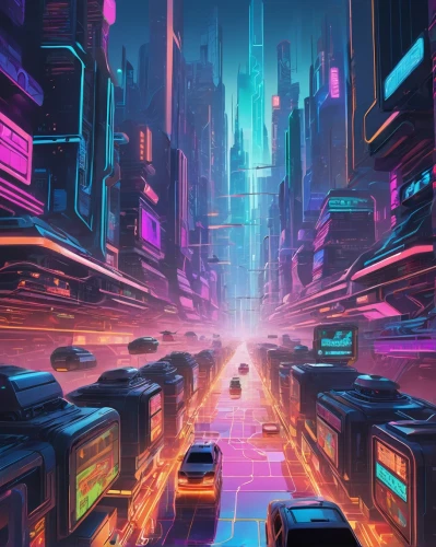 cyberpunk,colorful city,cityscape,futuristic landscape,metropolis,futuristic,city highway,neon arrows,fantasy city,urban,80s,80's design,tokyo city,cities,dystopian,vapor,city at night,shanghai,city,neon,Illustration,Japanese style,Japanese Style 07