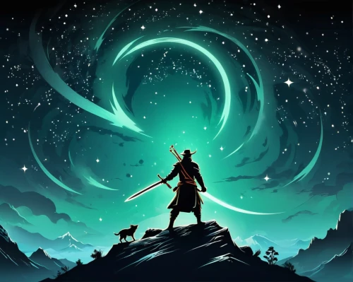 the wanderer,lone warrior,silhouette art,fantasy picture,cg artwork,heroic fantasy,avatar,bow and arrows,sagittarius,scroll wallpaper,sci fiction illustration,link,mulan,game illustration,summoner,games of light,game art,android game,scythe,green aurora,Unique,Design,Logo Design