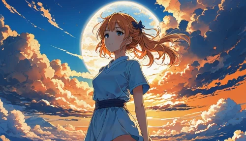 violet evergarden,honoka,sky,tsumugi kotobuki k-on,summer sky,asuka langley soryu,citrus,nami,blue sky clouds,azure,blue sky,sun,summer background,horizon,ocean,orange sky,honolulu,blue sky and clouds,bright sun,dawn,Illustration,Japanese style,Japanese Style 04