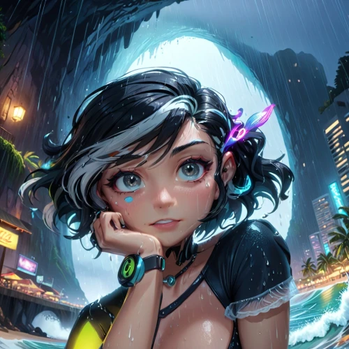 tiber riven,fantasy art,fantasy portrait,world digital painting,rainy,city ​​portrait,monsoon banner,sci fiction illustration,fantasy picture,in the rain,cyberpunk,game illustration,transistor,monsoon,3d fantasy,raindops,rainstorm,girl with speech bubble,rain,heavy rain,Anime,Anime,General