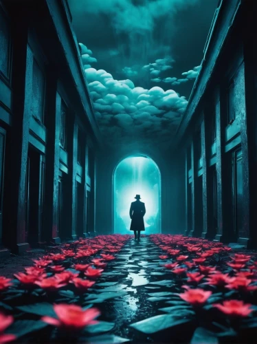 way of the roses,hall of the fallen,matrix,underworld,fallen petals,red matrix,afterlife,eleven,blue room,芦ﾉ湖,rose petals,photomanipulation,passage,cube sea,enter,petals,vertigo,random access memory,heaven gate,transcendence,Photography,Black and white photography,Black and White Photography 08