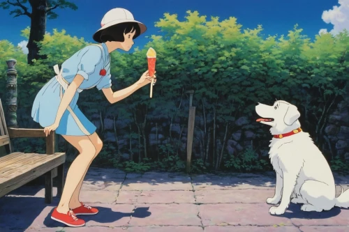studio ghibli,boy and dog,girl with dog,dog frame,euphonium,delivery service,my dog and i,mary poppins,snow white,girl and boy outdoor,dog illustration,walking dogs,trainer,dog walking,girl with bread-and-butter,my neighbor totoro,dog training,laika,companion dog,pinocchio,Illustration,Japanese style,Japanese Style 14