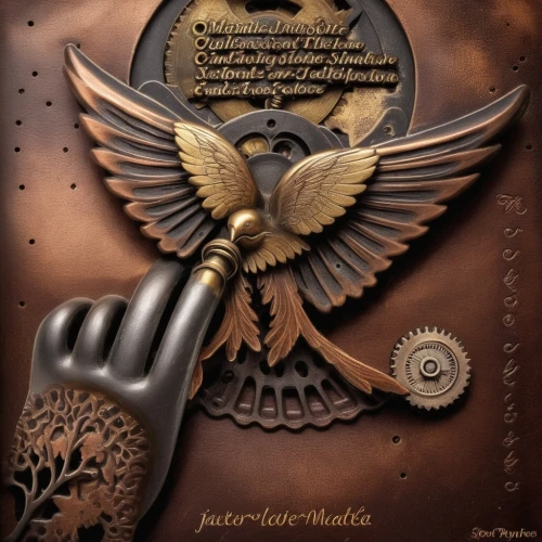 justitia,clockmaker,steampunk gears,raven's feather,dreamcatcher,black feather,hawk feather,cuckoo clock,metalsmith,musical instrument,hand tool,watchmaker,janome butterfly,dream catcher,skeleton key,dove of peace,grandfather clock,anemometer,instrument music,musical instruments,Illustration,Realistic Fantasy,Realistic Fantasy 13