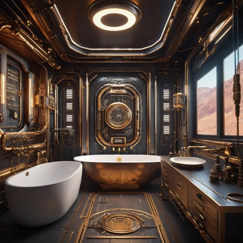 luxury bathroom,washroom,bathroom,bathtub,bathroom sink,sink,faucets,kitchen sink,dark cabinetry,train car,bathroom cabinet,interiors,ornate room,cleanliness,railway carriage,luxury,shower base,luxurious,ufo interior,washbasin,Photography,General,Sci-Fi