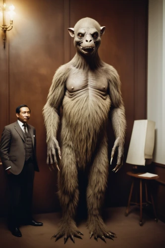 cgi,anthropomorphized animals,anthropomorphic,krampus,suit actor,giant schirmling,ape,mammalian,hotel man,anthropomorphized,business angel,slothbear,gorilla,wicket,cougnou,the monkey,size comparison,king kong,supernatural creature,business meeting,Photography,General,Cinematic