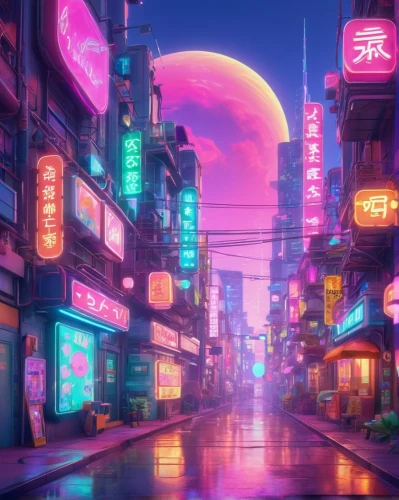 colorful city,tokyo city,tokyo,shinjuku,chinatown,cyberpunk,aesthetic,dusk background,kyoto,tokyo ¡¡,neon candies,fantasy city,neon lights,dusk,china town,osaka,neon,neon light,pink city,hong,Illustration,Japanese style,Japanese Style 02