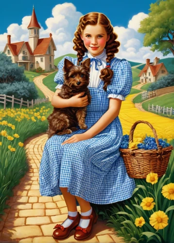 girl with dog,girl picking flowers,wizard of oz,children's background,yorkipoo,girl with bread-and-butter,heidi country,woman holding pie,farm girl,sound of music,vintage boy and girl,children's fairy tale,alice,countrygirl,girl in the garden,vintage children,boy and dog,goatherd,girl in flowers,girl with cereal bowl,Art,Classical Oil Painting,Classical Oil Painting 23