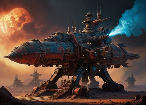 dreadnought,sci fiction illustration,gas planet,battlecruiser,erbore,fire planet,metallurgy,mecha,carrack,mech,scorched earth,fantasy art,sci fi,science fiction,mining excavator,steam machines,scifi,vulcania,bolt-004,destroy,Conceptual Art,Oil color,Oil Color 09