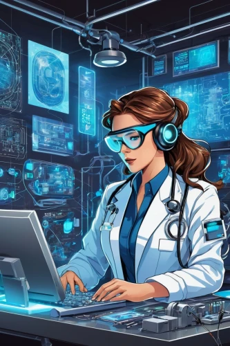 female doctor,sci fi surgery room,women in technology,electronic medical record,cyber glasses,theoretician physician,medical technology,girl at the computer,sci fiction illustration,laboratory information,cartoon doctor,pathologist,researcher,consultant,laboratory,scientist,ship doctor,female nurse,lab,biologist,Unique,Design,Sticker