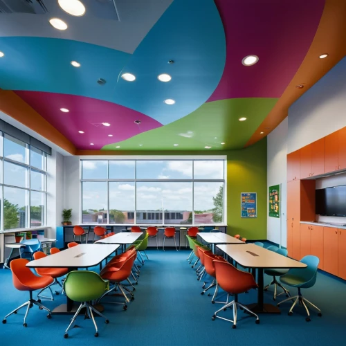 school design,children's interior,conference room,lecture room,lecture hall,study room,contemporary decor,ceiling construction,daylighting,color wall,meeting room,modern decor,children's room,search interior solutions,conference room table,cafeteria,class room,ceiling ventilation,modern office,offices,Photography,General,Realistic