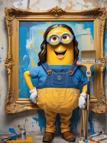 minion tim,dancing dave minion,minion,minions,minion hulk,house painter,meticulous painting,despicable me,italian painter,bob,painter,lego frame,wall,yellow background,plasterer,construction worker,to paint,anthropomorphized,thick paint,digital compositing,Conceptual Art,Graffiti Art,Graffiti Art 09