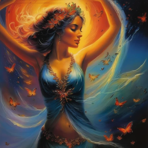 fantasy art,faerie,fire angel,sorceress,fire dancer,faery,flame spirit,celtic woman,fantasy woman,fantasy picture,flame of fire,fairy queen,fire artist,flame flower,passion butterfly,firebird,blue moon rose,mystical portrait of a girl,dancing flames,queen of the night,Illustration,Realistic Fantasy,Realistic Fantasy 32