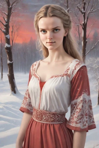 jessamine,suit of the snow maiden,the snow queen,red coat,fantasy picture,celtic woman,digital compositing,fantasy portrait,mystical portrait of a girl,winter dress,white rose snow queen,winter background,snow scene,elizabeth nesbit,red tunic,red riding hood,lady in red,fairy tale character,girl in a historic way,nordic christmas,Digital Art,Classicism