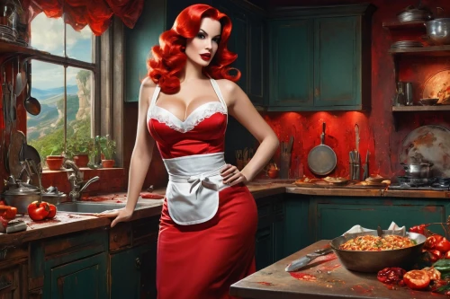 red cooking,girl in the kitchen,valentine day's pin up,valentine pin up,pin up christmas girl,christmas pin up girl,retro pin up girl,vintage kitchen,retro pin up girls,housewife,red-hot polka,red hot polka,pin up,pin-up girl,latex gloves,pin up girl,queen of hearts,woman holding pie,lady in red,red riding hood,Conceptual Art,Fantasy,Fantasy 05