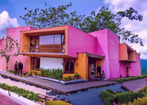cubic house,cube house,mid century house,cube stilt houses,dunes house,modern house,3d rendering,model house,pink squares,holiday villa,build by mirza golam pir,colorful facade,villas,the pink panter,modern architecture,eco hotel,residential house,beautiful home,house shape,render,Photography,General,Realistic