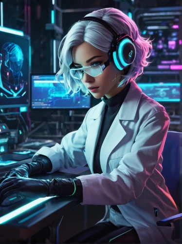 cyberpunk,female doctor,engineer,cyber glasses,operator,girl at the computer,scientist,transistor,lady medic,cyber,dj,researcher,biologist,transistor checking,telephone operator,fish-surgeon,laboratory,lab,female nurse,ship doctor,Conceptual Art,Daily,Daily 24