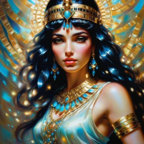 cleopatra,ancient egyptian girl,priestess,golden crown,assyrian,fantasy art,egyptian,fantasy portrait,pharaonic,oriental princess,athena,fantasy woman,headdress,queen of the night,goddess of justice,warrior woman,gold crown,ancient egyptian,ancient egypt,lily of the nile,Illustration,Paper based,Paper Based 04