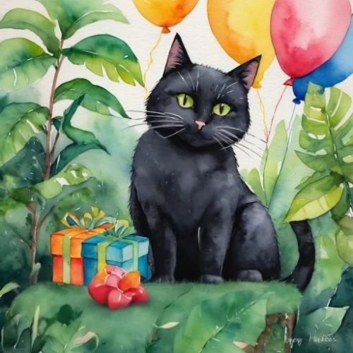 watercolor cat,black cat,birthday card,ballon,balloon,gray cat,baloons,animal balloons,cat portrait,gray kitty,happy birthday balloons,young cat,cute cat,felidae,balloons,pet portrait,second birthday,balloon with string,fête,cat image