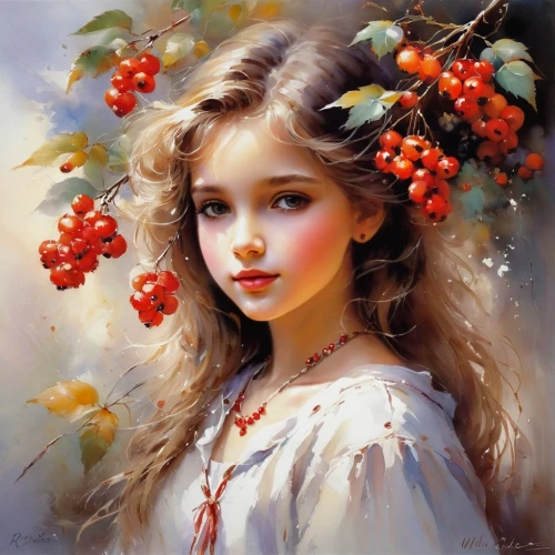 red berries,girl in a wreath,rowanberry,red currants,red currant,girl picking apples,sweet cherries,autumn icon,redcurrants,girl in flowers,romantic portrait,autumn wreath,mystical portrait of a girl,girl in the garden,girl portrait,berries,cherries,autumn fruit,in the autumn,wild berries,Conceptual Art,Oil color,Oil Color 03