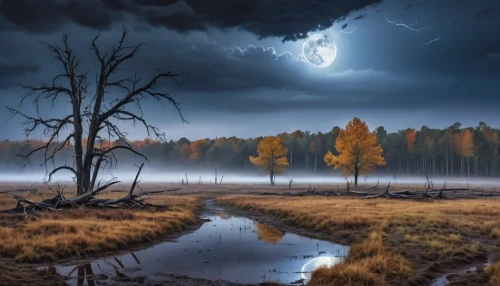 swampy landscape,lightning storm,thunderstorm,black forest,ghost forest,fantasy landscape,nature's wrath,moonlit night,fantasy picture,landscape photography,storm clouds,lightning strike,atmospheric phenomenon,forest landscape,swamp,dark clouds,stormy sky,black landscape,autumn landscape,autumn fog,Photography,General,Realistic