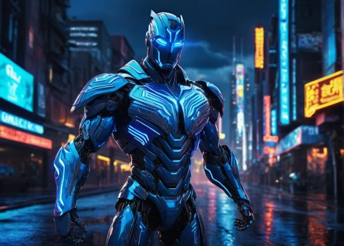 electro,silver surfer,steel man,superhero background,cyborg,3d man,grey fox,excalibur,knight armor,walking man,ironman,neon body painting,armored,blue tiger,blue demon,nova,cleanup,humanoid,cyberpunk,alien warrior,Illustration,Realistic Fantasy,Realistic Fantasy 28