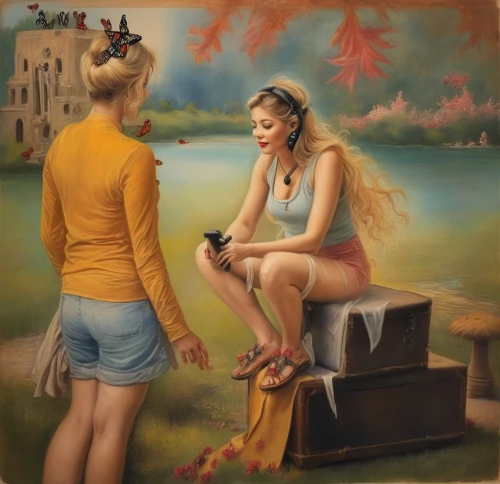 the blonde in the river,pin-up girls,pin-up girl,woman sitting,girl sitting,pin up girls,oil painting,oil on canvas,blonde woman,retro pin up girls,oil painting on canvas,girl with a dolphin,khokhloma painting,pin up girl,courtship,beauty salon,girl with bread-and-butter,woman holding pie,pin ups,girl with a wheel,Illustration,Realistic Fantasy,Realistic Fantasy 13