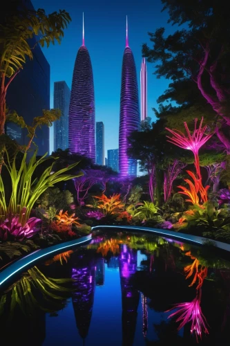 dubai garden glow,futuristic landscape,fantasy city,dubai,doha,gardens by the bay,qatar,shanghai disney,dubai miracle garden,landscape lighting,the park at night,wallpaper dubai,3d fantasy,garden of plants,aquarium lighting,dhabi,purple landscape,fantasy world,abu dhabi,fairy world,Illustration,Children,Children 03