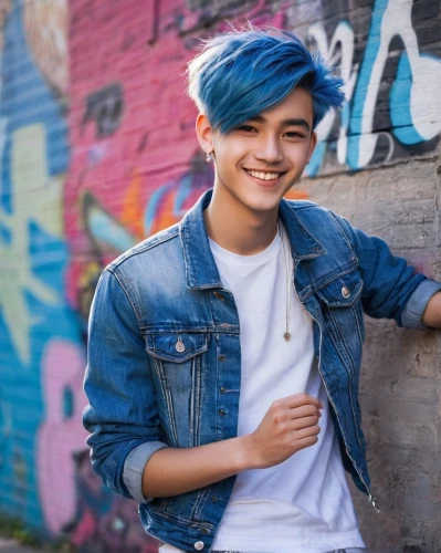 blue hair,2d,denim background,jeans background,ten,blue background,denim jacket,concrete background,denim,tan chen chen,killer smile,portrait background,anime boy,kai bei,ninja,felix,ryan navion,colorful background,jean jacket,denim jeans,Illustration,Realistic Fantasy,Realistic Fantasy 05