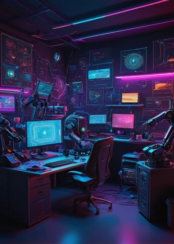 computer room,cyberpunk,computer desk,sci fi surgery room,control center,computer workstation,ufo interior,the server room,desk,working space,cyber,study room,game room,creative office,blur office background,modern office,neon human resources,control desk,monitor wall,research station,Conceptual Art,Sci-Fi,Sci-Fi 18