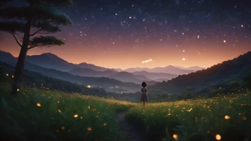 fireflies,fantasy picture,the mystical path,fantasy landscape,forest of dreams,pathway,landscape background,world digital painting,falling stars,the path,wander,firefly,evening atmosphere,magical adventure,dream world,light of night,starlight,hiking path,night stars,forest path,Photography,General,Cinematic