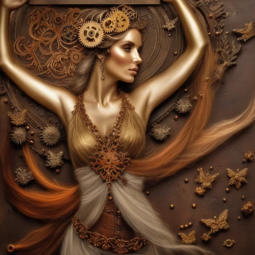 steampunk gears,fractals art,golden wreath,art deco woman,decorative figure,the enchantress,fantasy art,girl with a wheel,clockmaker,gold filigree,faery,steampunk,faerie,biomechanical,priestess,fractal art,boho art,psyche,cogs,dryad,Illustration,Realistic Fantasy,Realistic Fantasy 13