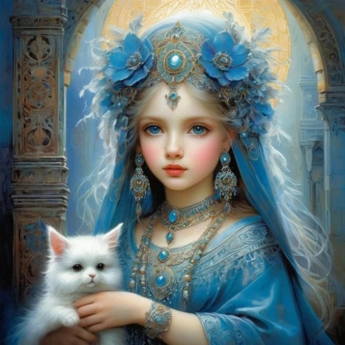 white cat,cat with blue eyes,the prophet mary,fantasy portrait,emile vernon,mystical portrait of a girl,blue eyes cat,suit of the snow maiden,gothic portrait,fantasy picture,priestess,child portrait,blessing of children,the snow queen,porcelaine,fantasy art,mary 1,fatima,portrait of christi,vintage art