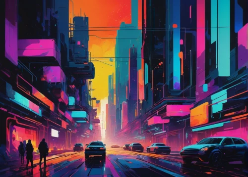 colorful city,cyberpunk,neon arrows,cityscape,neon,tokyo city,neon ghosts,neon lights,tokyo,urban,neon colors,shinjuku,street canyon,80's design,neon light,taipei,alleyway,alley,city lights,hong kong,Conceptual Art,Oil color,Oil Color 07