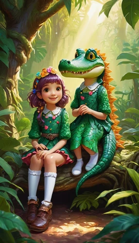 scandia gnomes,lilo,crocodile woman,little crocodile,missisipi aligator,fairytale characters,frog background,amphibians,little boy and girl,little alligator,girl and boy outdoor,malagasy taggecko,children's background,wonder gecko,fantasy picture,alligators,cg artwork,kawaii frogs,gnomes,young alligators,Illustration,American Style,American Style 03